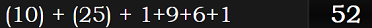 (10) + (25) + 1+9+6+1 = 52