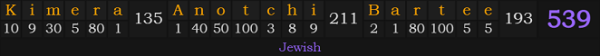 "Kimera Anotchi Bartee" = 539 (Jewish)