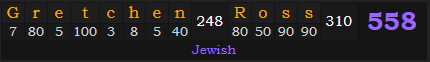 "Gretchen Ross" = 558 (Jewish)