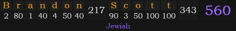 "Brandon Scott" = 560 (Jewish)