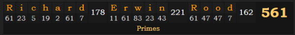 "Richard Erwin Rood" = 561 (Primes)