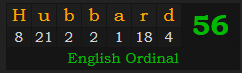 "Hubbard" = 56 (English Ordinal)