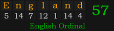 "England" = 57 (English Ordinal)