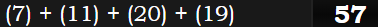 (7) + (11) + (20) + (19) = 57