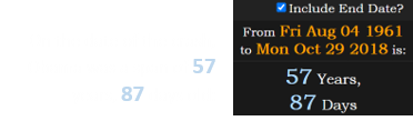 On the date of the crash, Obama was a span of 57 years, 87 days old: