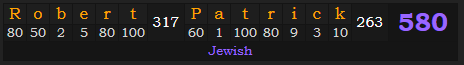 "Robert Patrick" = 580 (Jewish)