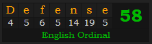 "Defense" = 58 (English Ordinal)