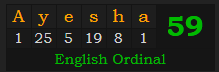 "Ayesha" = 59 (English Ordinal)