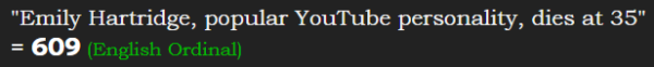 "Emily Hartridge, popular YouTube personality, dies at 35" = 609 (English Ordinal)