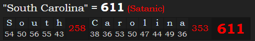 "South Carolina" = 611 (Satanic)