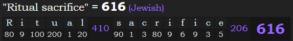 "Ritual sacrifice" = 616 (Jewish)