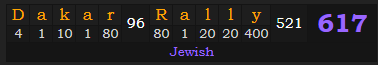 "Dakar Rally" = 617 (Jewish)