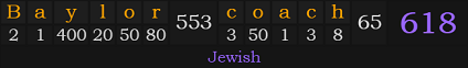 "Baylor coach" = 618 (Jewish)