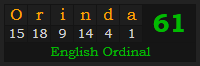 "Orinda" = 61 (English Ordinal)