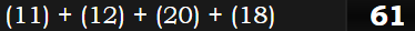 (11) + (12) + (20) + (18) = 61