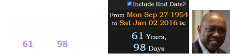 When Turner was sworn in as Mayor, he was a span of 61 years, 98 days old: