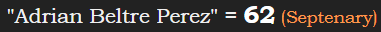 "Adrian Beltre Perez" = 62 (Septenary)