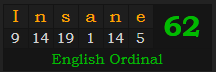 "Insane" = 62 (English Ordinal)