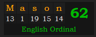 "Mason" = 62 (English Ordinal)