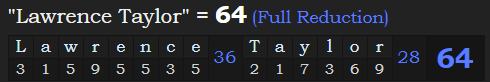 "Lawrence Taylor" = 64 (Full Reduction)