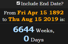 6644 Weeks, 0 Days