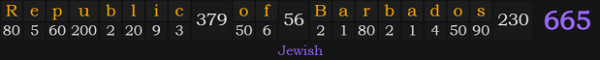 "Republic of Barbados" = 665 (Jewish)