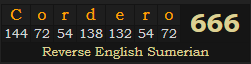 "Cordero" = 666 (Reverse English Sumerian)