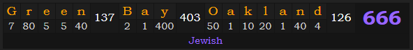 "Green Bay - Oakland" = 666 (Jewish)