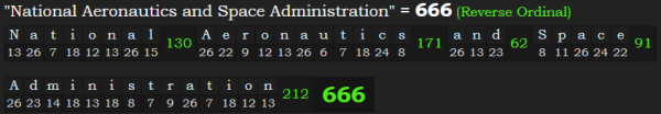 "National Aeronautics and Space Administration" = 666 (Reverse Ordinal)