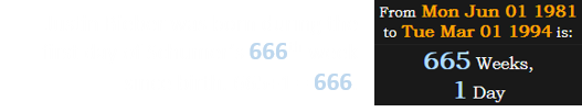 Justin Bieber was born during the first day of Schumer’s 666th week since birth. 665+1 = 666.