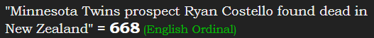 "Minnesota Twins prospect Ryan Costello found dead in New Zealand" = 668 (English Ordinal)