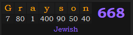 "Grayson" = 668 (Jewish)