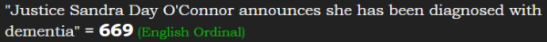 "Justice Sandra Day O'Connor announces she has been diagnosed with dementia" = 669 (English Ordinal)