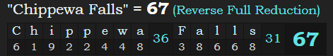 "Chippewa Falls" = 67 (Reverse Full Reduction)