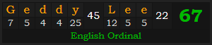 "Geddy Lee" = 67 (English Ordinal)
