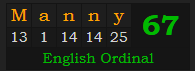 "Manny" = 67 (English Ordinal)