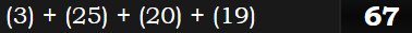 (3) + (25) + (20) + (19) = 67