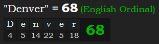 "Denver" = 68 (English Ordinal)
