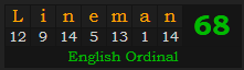 "Lineman" = 68 (English Ordinal)