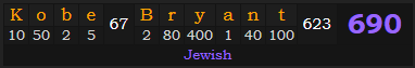 "Kobe Bryant" = 690 (Jewish)