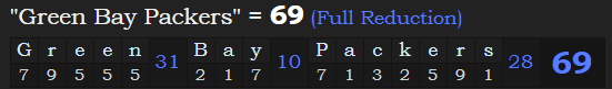"Green Bay Packers" = 69 (Full Reduction)