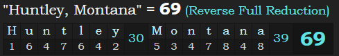 "Huntley, Montana" = 69 (Reverse Full Reduction)