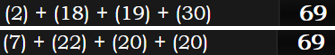 (2) + (18) + (19) + (30) = 69 and (7) + (22) + (20) + (20) = 69