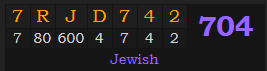 "7RJD742" = 704 (Jewish)