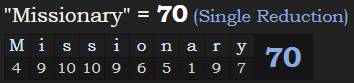 "Missionary" = 70 (Single Reduction)