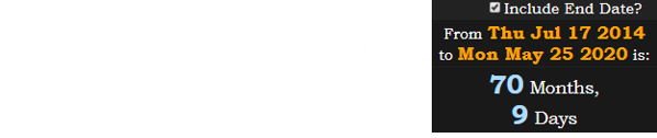 As mentioned above, the two "I can't breathe" incidents were separated by 70 months, 8 days. With the end date included, this is 70 months, 9 days: