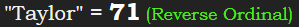 "Taylor" = 71 (Reverse Ordinal)