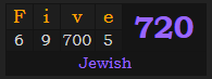 "Five" = 720 (Jewish)