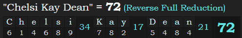 "Chelsi Kay Dean" = 72 (Reverse Full Reduction)