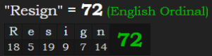 "Resign" = 72 (English Ordinal)
